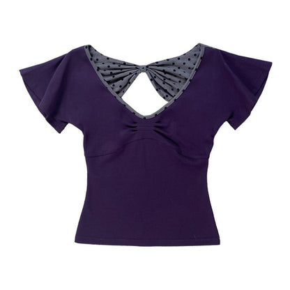 nit_alcove_Bow_Detail_Slim_V-neck_Cotton_Polka_Dot_Commuter_Women_Basic_Crop_Tops_MISSTT