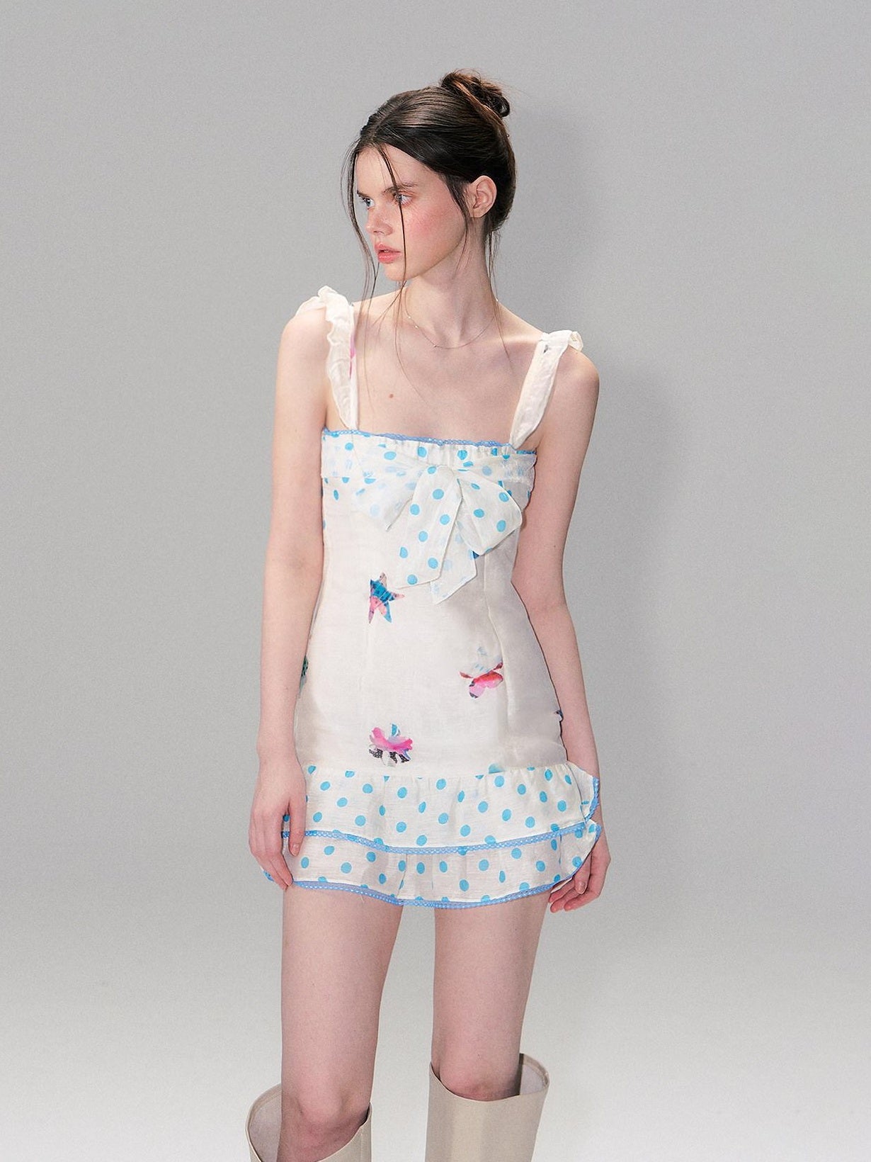 The NeverMore Linen Tie Waist Square Neck Aline Slim Ladies Printed Mini Dresses