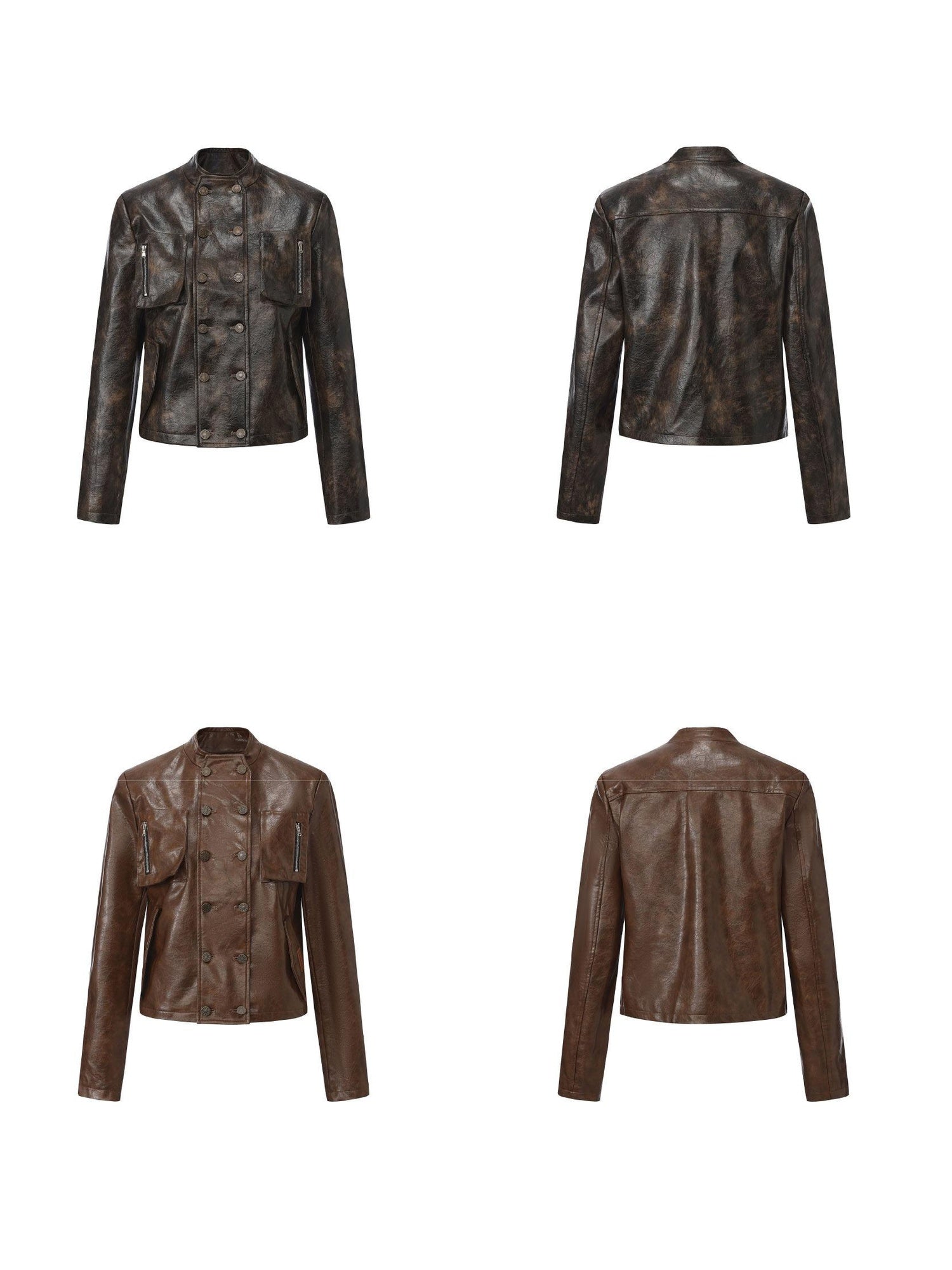 24ans Pu Leather Loose Fit Chinese Stand Collar Short Green Brown Leather Jackets