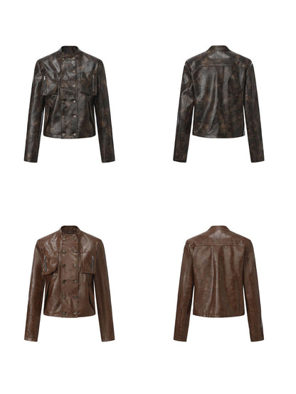 24ans Pu Leather Loose Fit Chinese Stand Collar Short Green Brown Leather Jackets