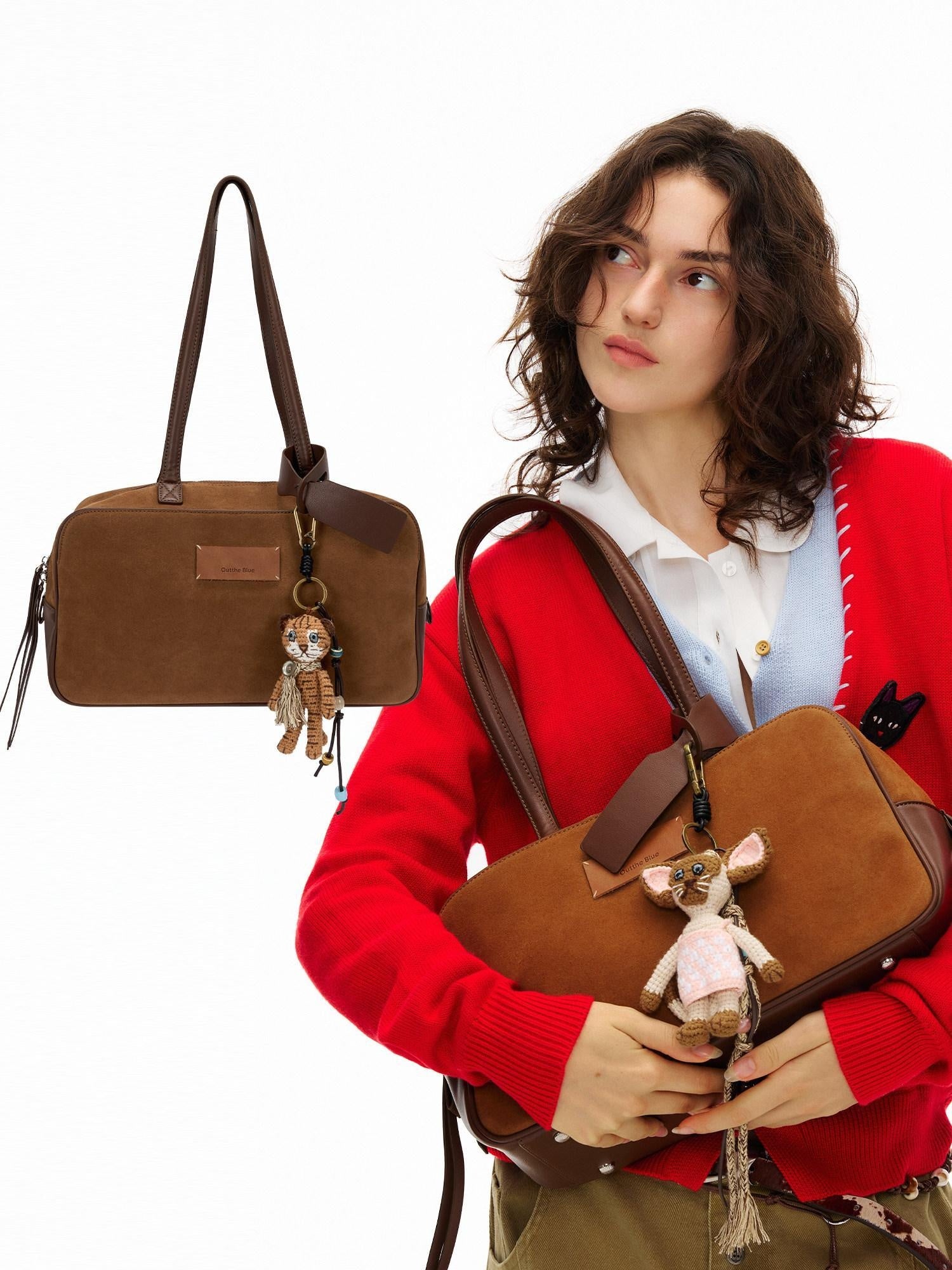 OuttheBlue Tassel Vintage Square Single Strap Faux Leather Brown Boston Tote Bags