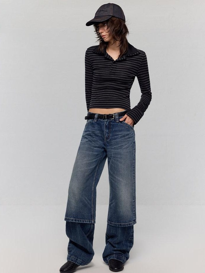 RUN TO THE FUTURE Washed Blue Denim Low Waist Relaxed Fit Casual Zipper Fly Wide-Leg Jeans