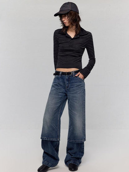 RUN TO THE FUTURE Washed Blue Denim Low Waist Relaxed Fit Casual Zipper Fly Wide-Leg Jeans