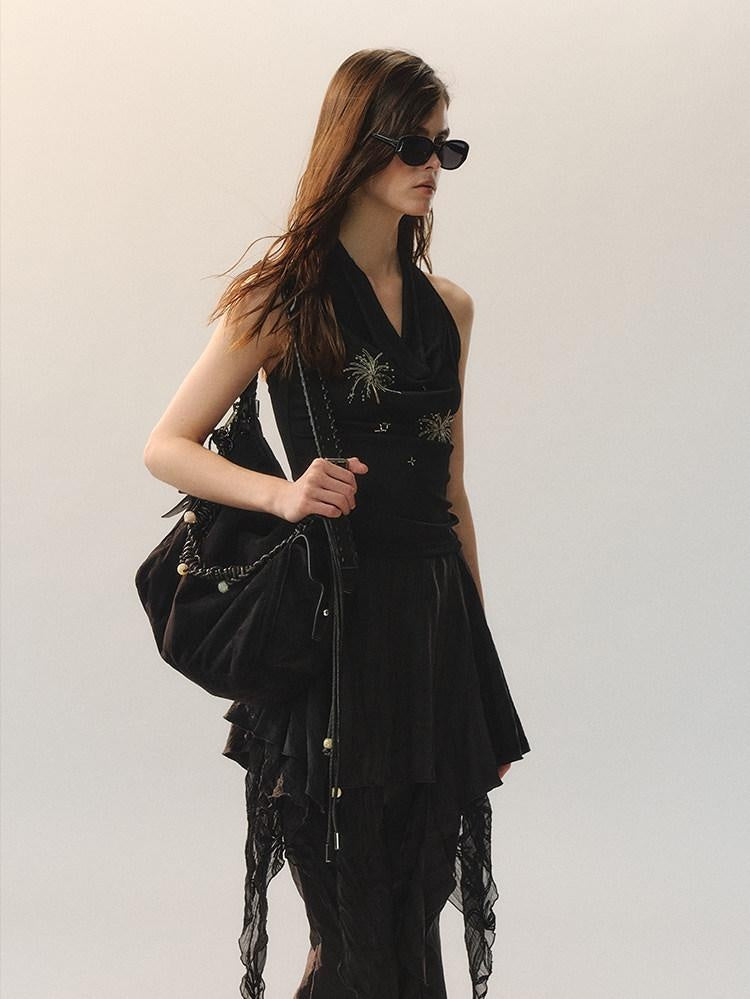 AnnoMundi Airy Lyocell Embroidered Halter Polo Collar Midi Women Black Tank Tops