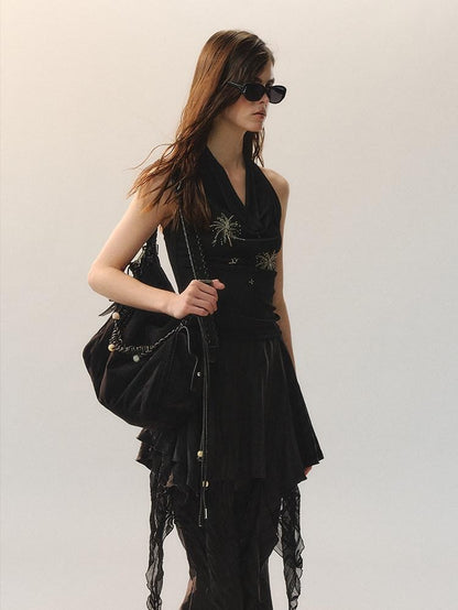 AnnoMundi Airy Lyocell Embroidered Halter Polo Collar Midi Women Black Tank Tops