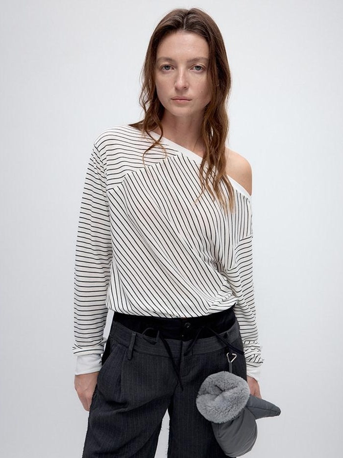RUN TO THE FUTURE Lyocell Wool Blend Loose Fit Slanted Neck Striped Long Sleeve T-Shirts
