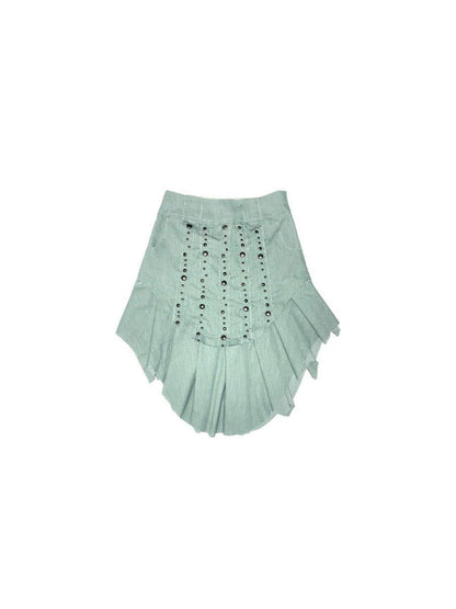 nit alcove Beaded Distressed Chinese Mid Waist Irregular Hem Dark Green Zipper Midi Skirts