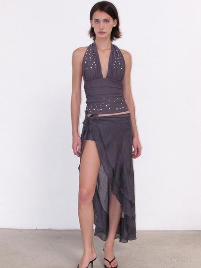 Mito de dar Purple Gray Sequin Halter Ruffle Women&