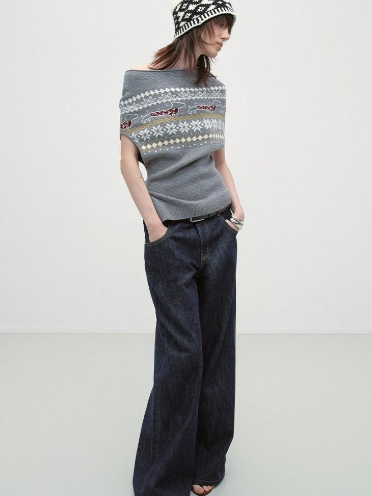 RUN TO THE FUTURE Acrylic Wool Blend Slim Cape Animal Print Women Asymmetrical Neck Grey Sweaters