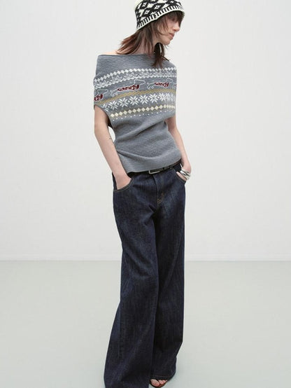 RUN TO THE FUTURE Acrylic Wool Blend Slim Cape Animal Print Women Asymmetrical Neck Grey Sweaters