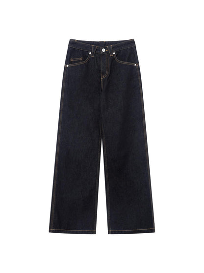 RUN TO THE FUTURE Casual Relaxed Dark Wash Cotton Natural Waist Zip Fly Denim Straight Jeans