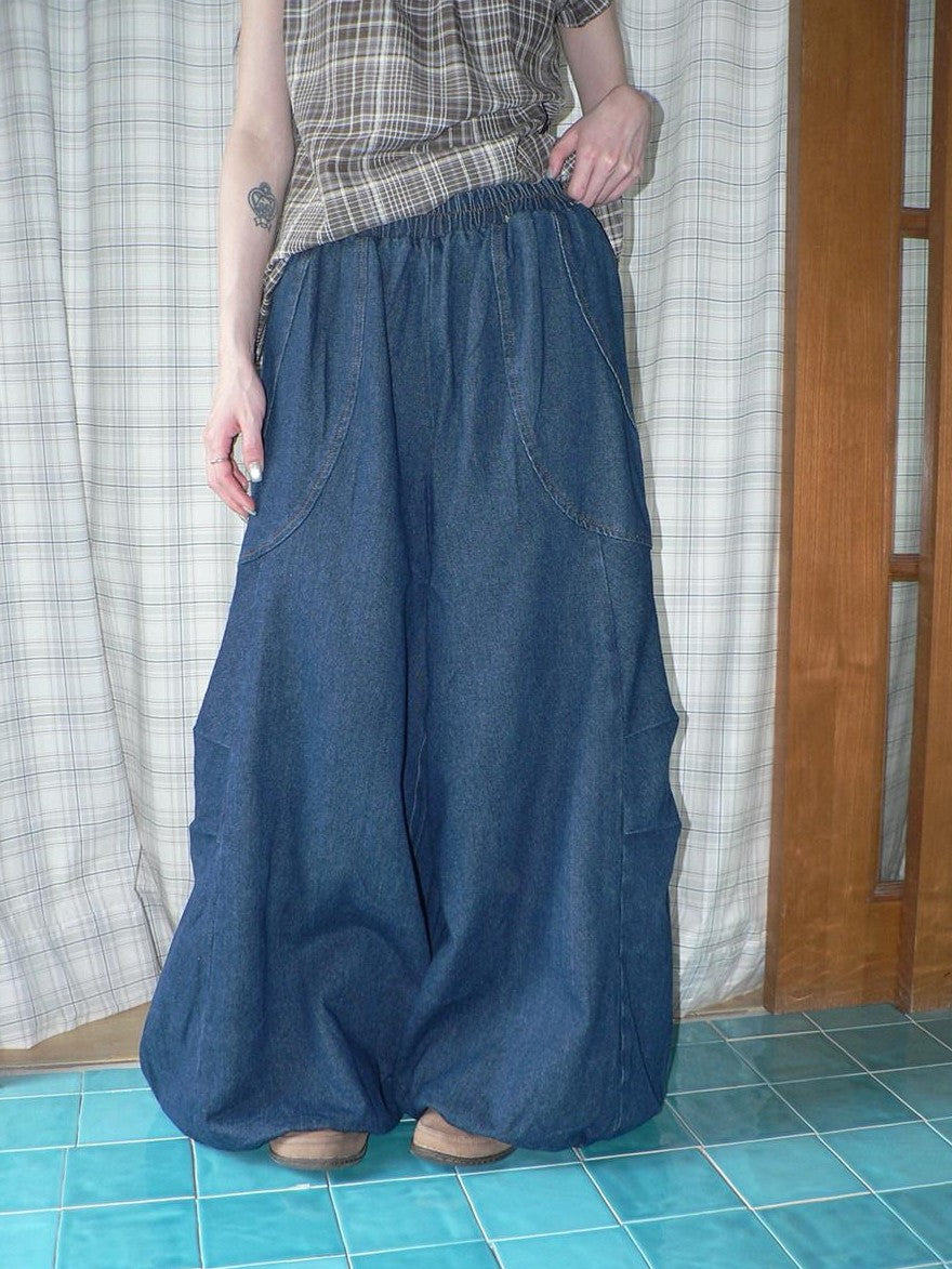 ang project Deep Blue Vintage Pleated Elastic Waist Loose Fit Women&