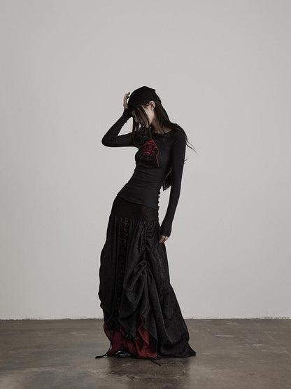 INDULGE Soft Comfy Rayon Ruffle Hem Gothic A Line Side Zipper Black Tiered Skirts