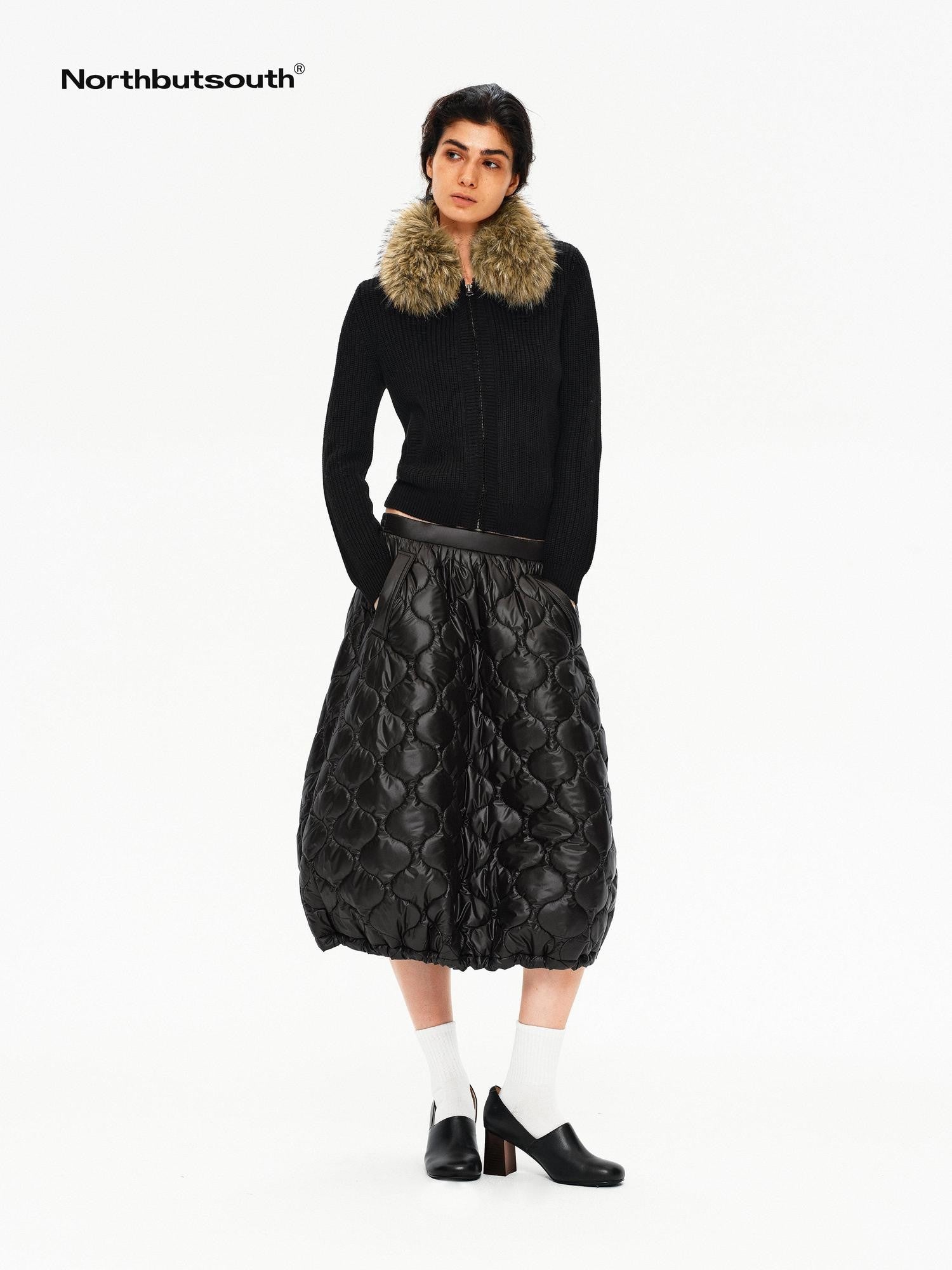 Northbutsouth Black And White Gourd Pattern Quilted Drawstring Hem Women&