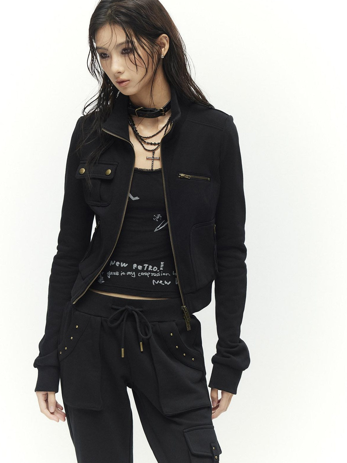 Low pixel Studded Slim Fit Zip Front Stand Collar Thick Cotton Black Top &amp; Pants Sets