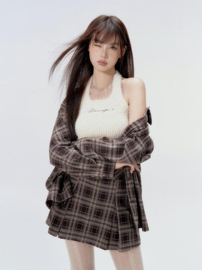 DKZ OFFICIAL Plaid Shirred Drop Shoulder Women&