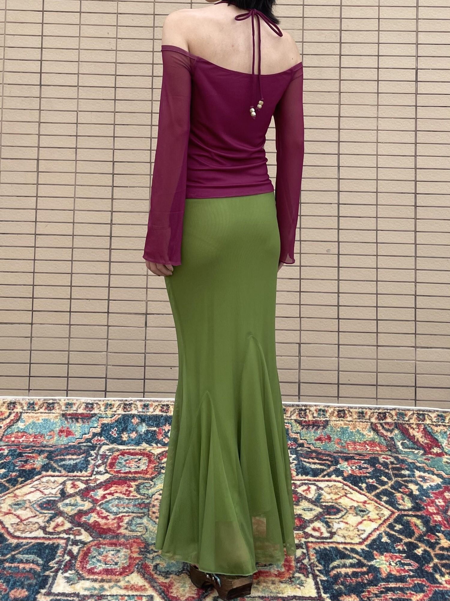 Wet Tail Elastic Mid Waist Chinese Inspired Mermaid Hem Casual Women Maxi Skirts