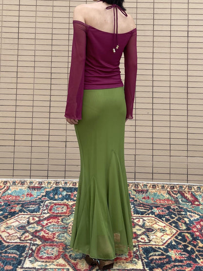 Wet Tail Elastic Mid Waist Chinese Inspired Mermaid Hem Casual Women Maxi Skirts