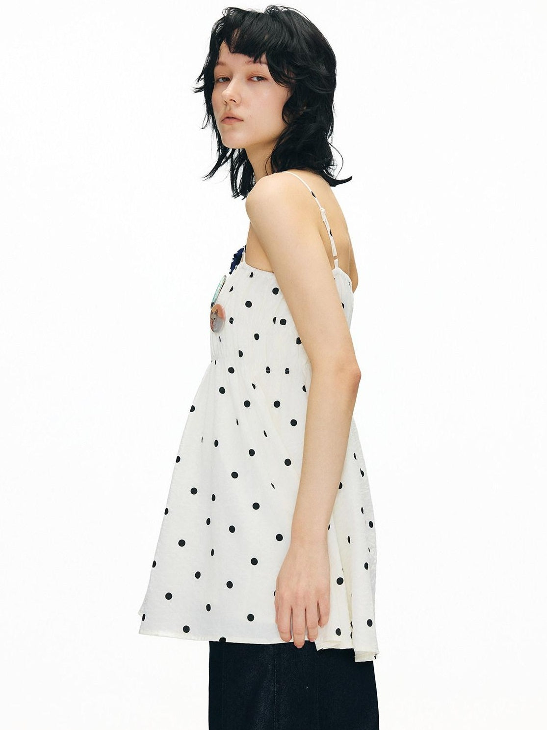 OuttheBlue Soft Cotton Loose Fit Polka Dot Spaghetti Strap Beige Slip Mini Dresses