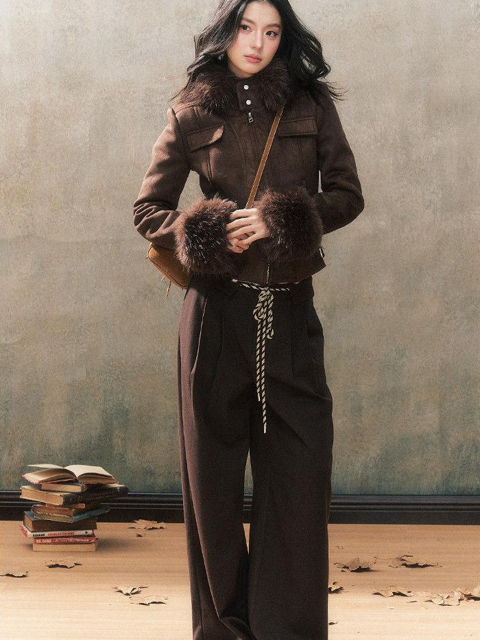 7Shiftin Brown Drawstring Pocket Natural Waist Original Straight Women Wide Leg Pants