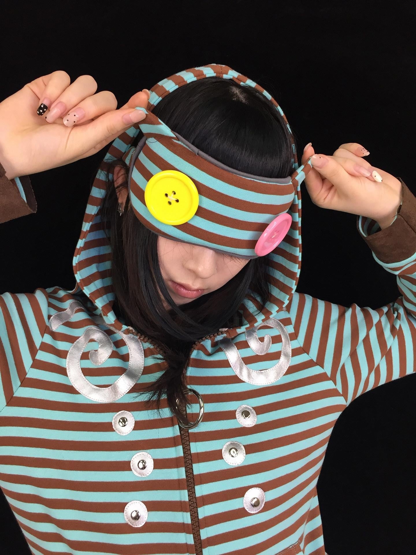 Ttsunami Mint Yellow Gray Striped Two Tone Button Devil Horn Women&