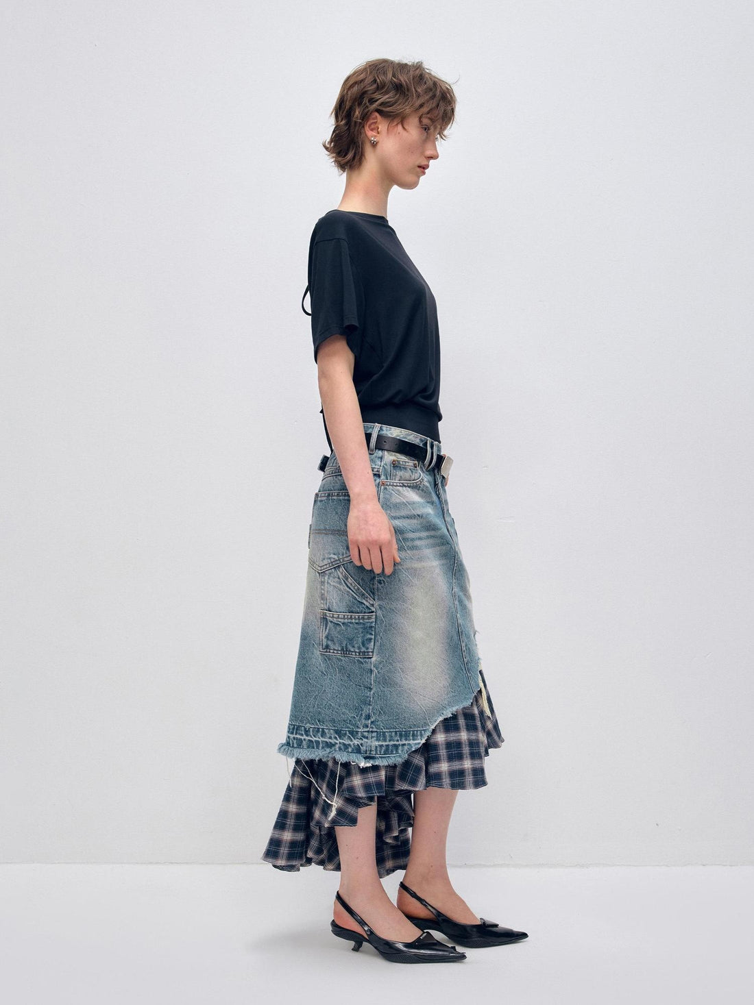 RUN TO THE FUTURE Vintage Patchwork Distressed Low Waist Slim A Line Denim Women Midi Skirts