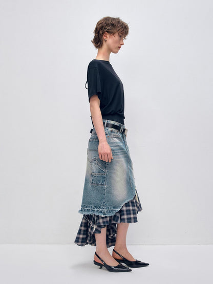 RUN TO THE FUTURE Vintage Patchwork Distressed Low Waist Slim A Line Denim Women Midi Skirts