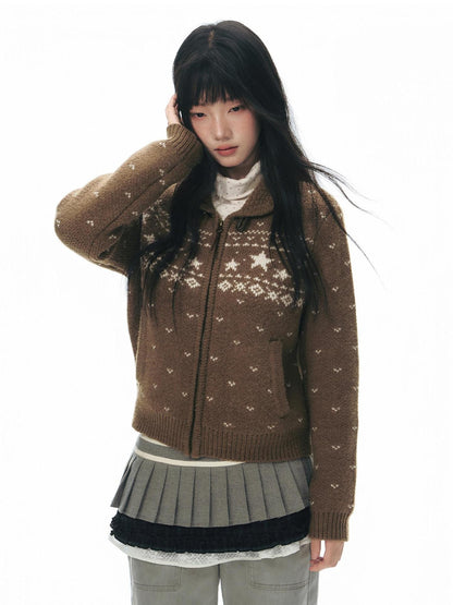 NAPSNAPS Vintage Fair Isle Star Knit Turndown Collar Women&