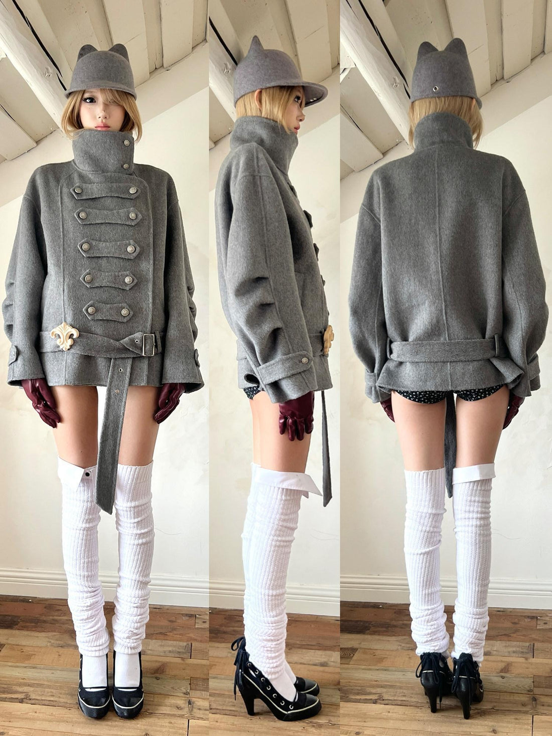 nit alcove Warm Wool Blend Pleated Biker Collar Unisex Double Breasted Cropped Wool Coats