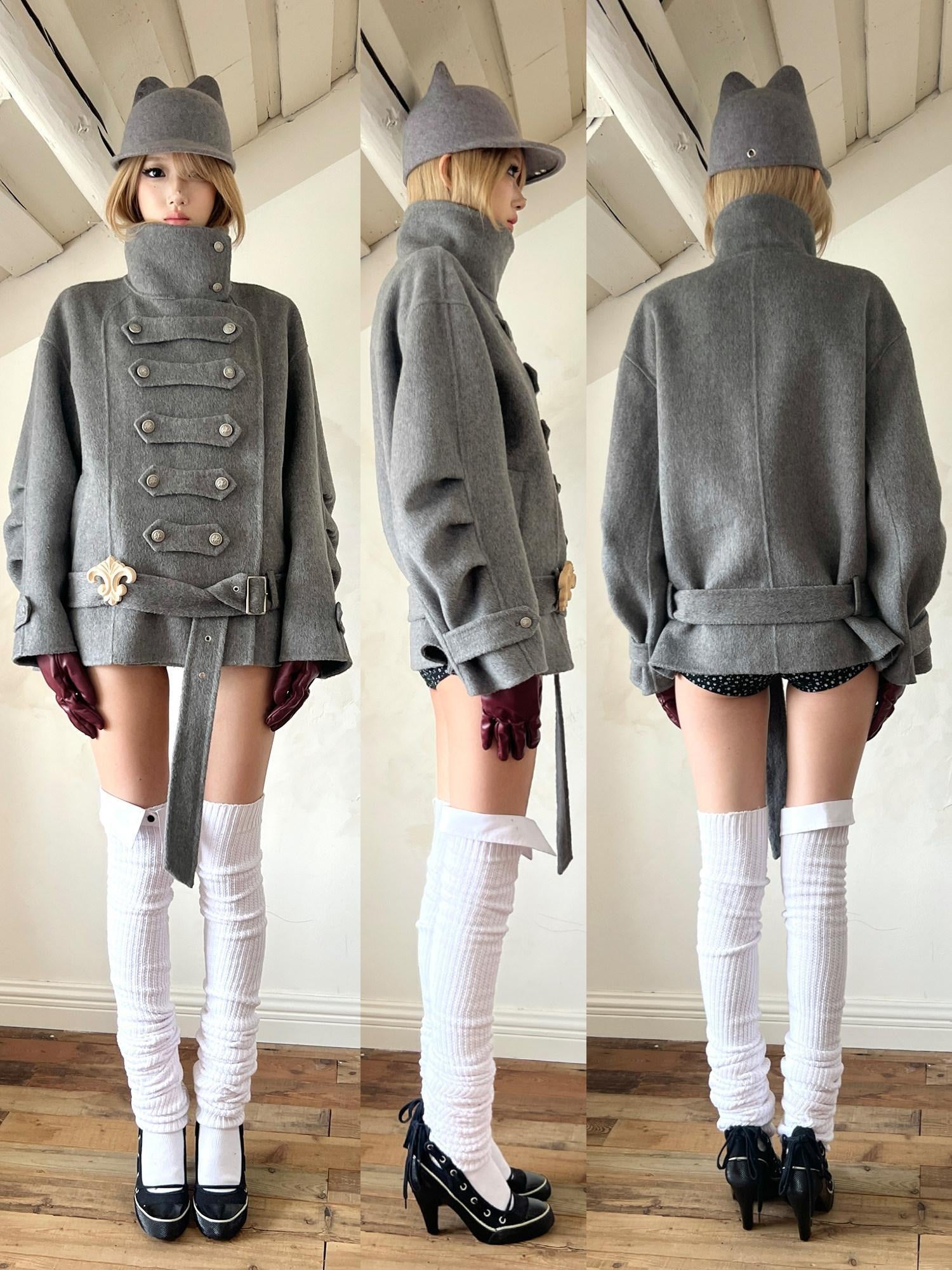 nit alcove Warm Wool Blend Pleated Biker Collar Unisex Double Breasted Cropped Wool Coats