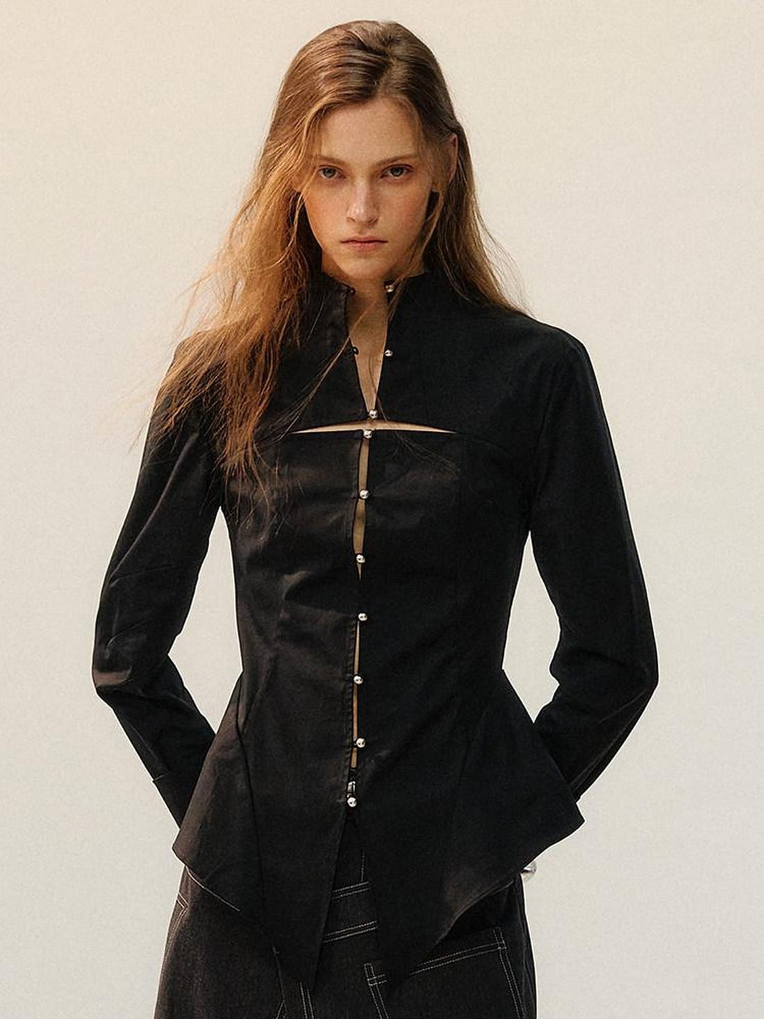 AnnoMundi Waist Cinch Fitted Casual Long Sleeve Stand Collar Cotton Blend Women Blouses