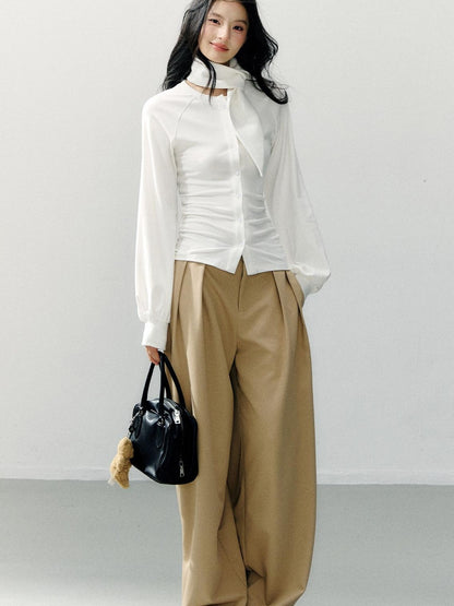 7Shiftin Detachable Lace Trim Natural Waist Casual Khaki Women Wide Leg Pants