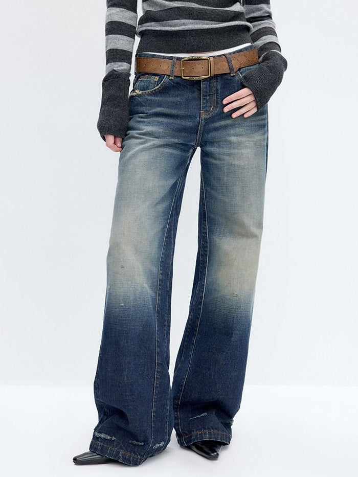 RUN TO THE FUTURE Washed Deep Navy Low Rise Loose Fit Casual Denim Wide Leg Straight Jeans