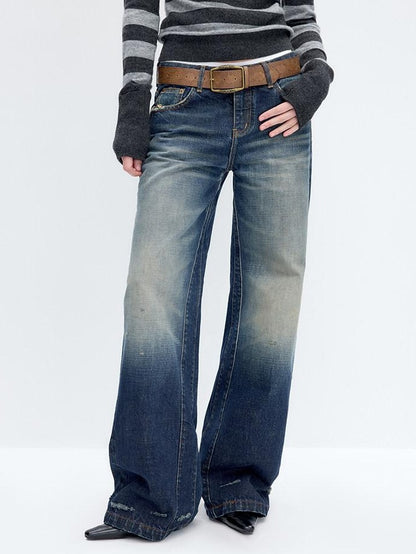 RUN TO THE FUTURE Washed Deep Navy Low Rise Loose Fit Casual Denim Wide Leg Straight Jeans