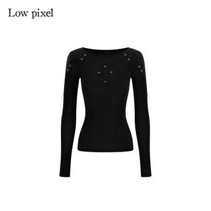 Low pixel Slim Fit Patchwork Casual Crewneck Black Stretch Young Women Long Sleeve T-Shirts