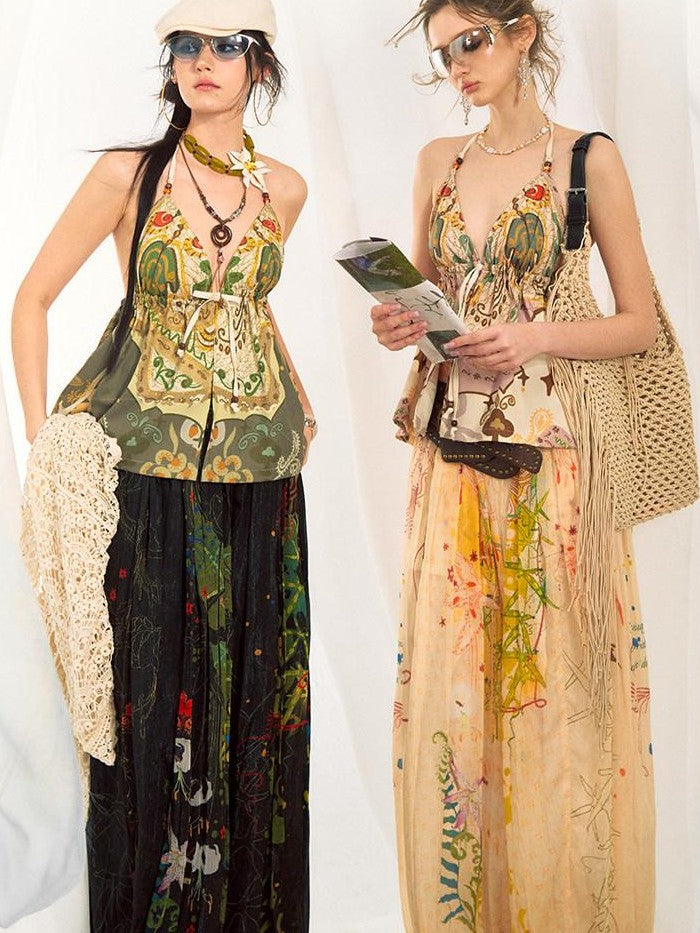 OfAkiva Bohemian Halter Tie Back Deep V Printed Slim Cropped Women&