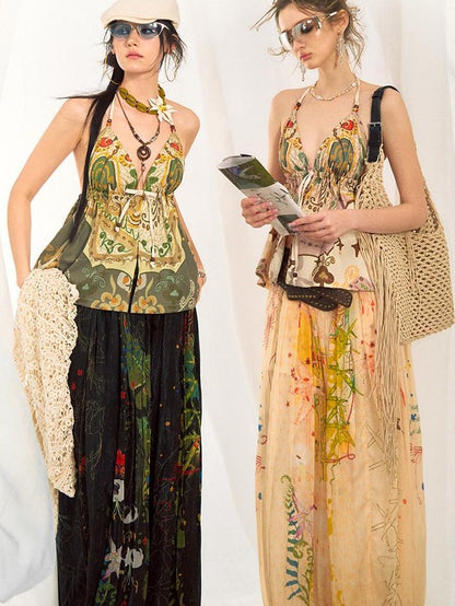 OfAkiva Bohemian Halter Tie Back Deep V Printed Slim Cropped Women&