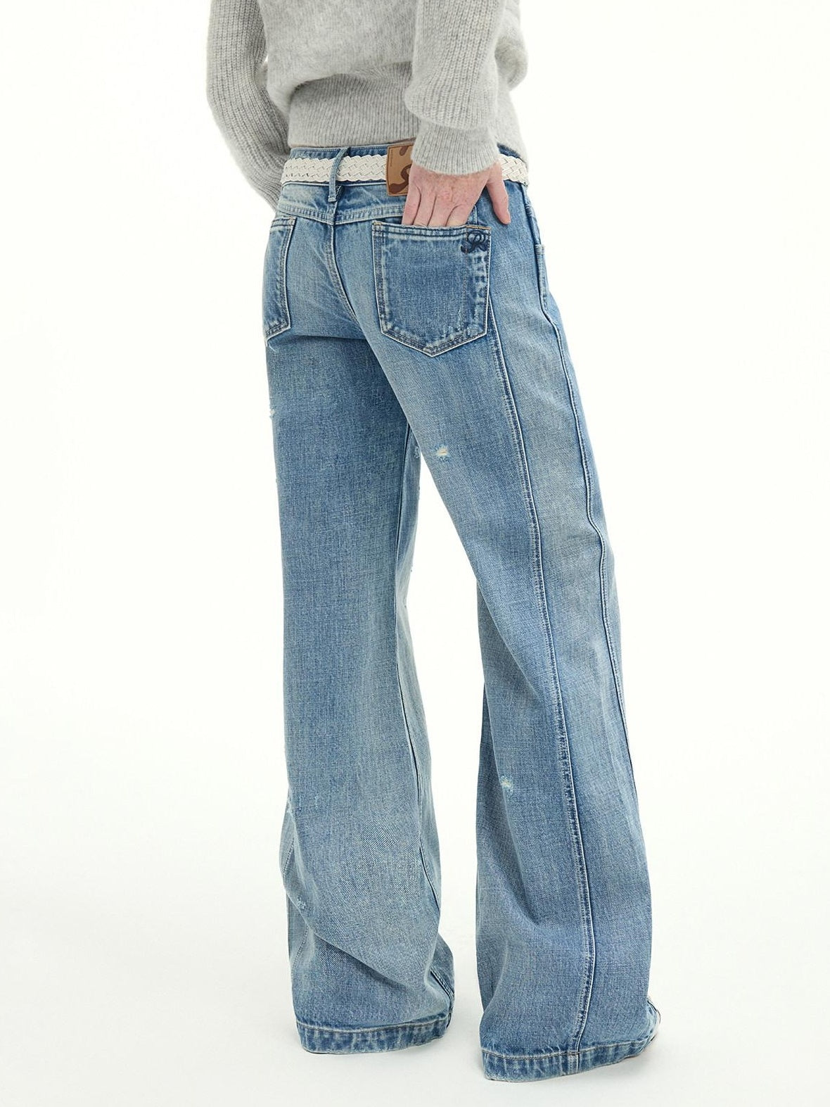 RUN TO THE FUTURE Vintage Washed Flared Cotton Natural Waist Women Blue Wide-Leg Jeans