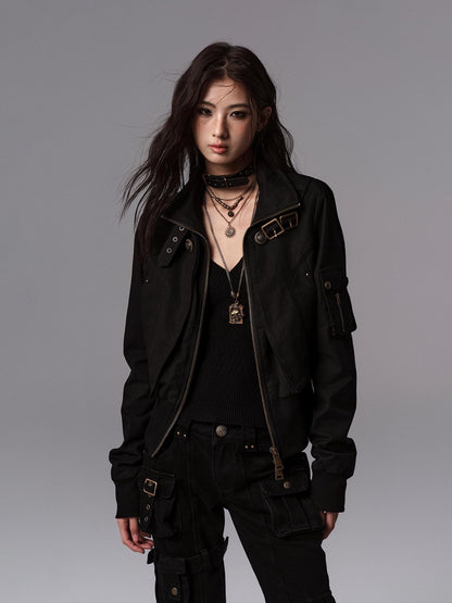 Low pixel Windproof Vintage Slim Metal Detail Women Cotton Lyocell Button Cropped Jackets