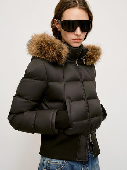 RUN TO THE FUTURE Warm 90 Percent White Duck Slim Hooded Fur Collar Black Women Zip Down Jackets