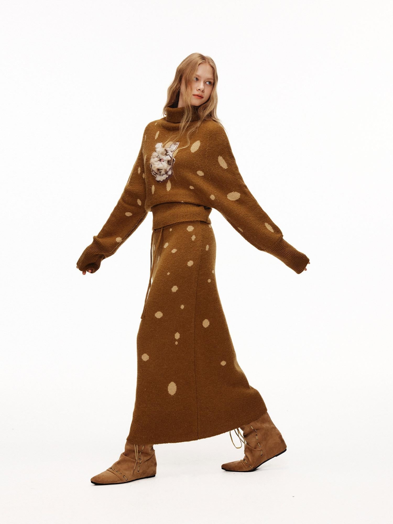 OuttheBlue Cozy Turtleneck Pullover Waist Cinched Casual Animal Print Knit Top &amp; Skirt Sets