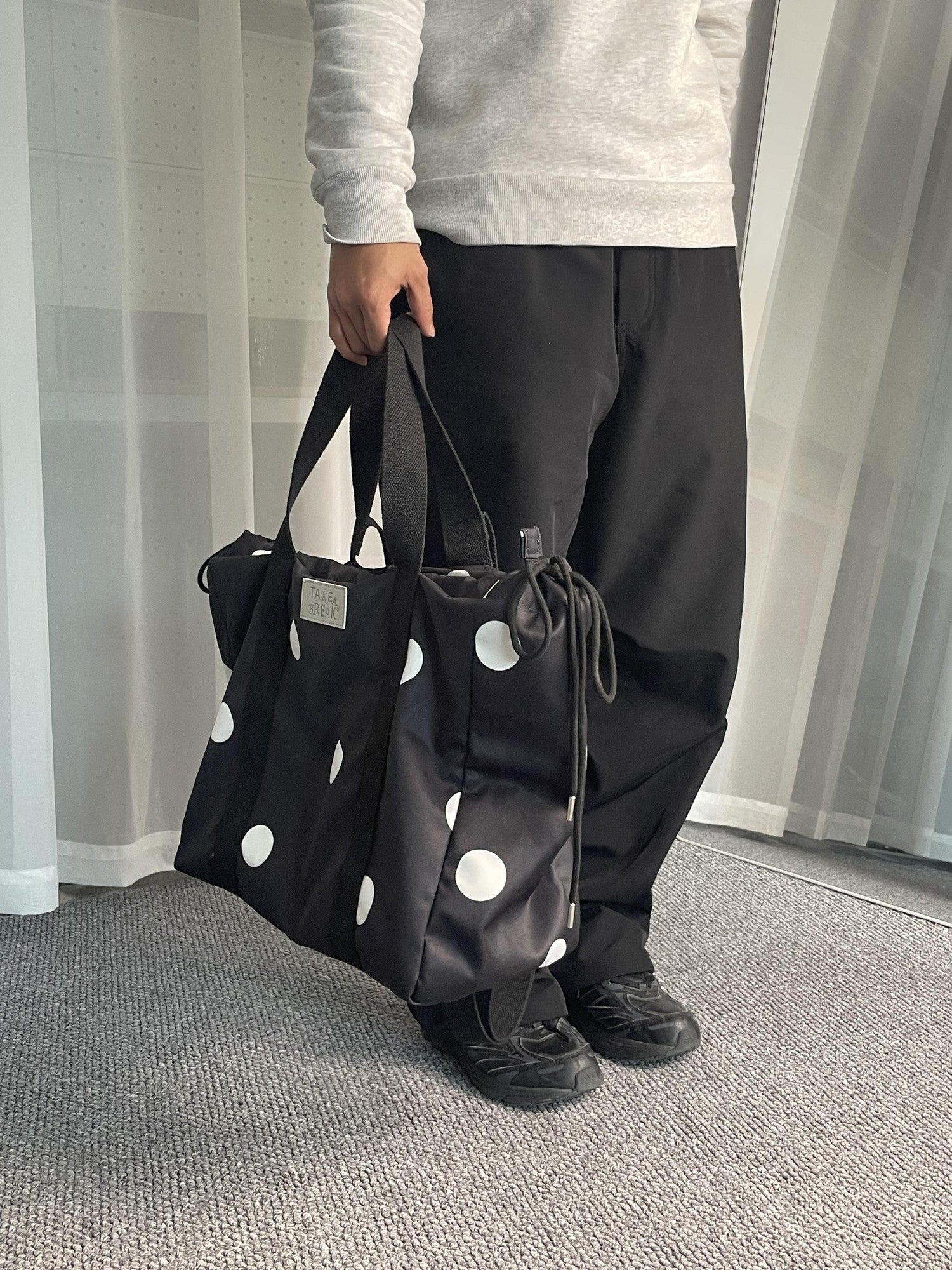 takeabreak Black White Polka Dot 26L Multi Carry Dual Zipper Tote Women&