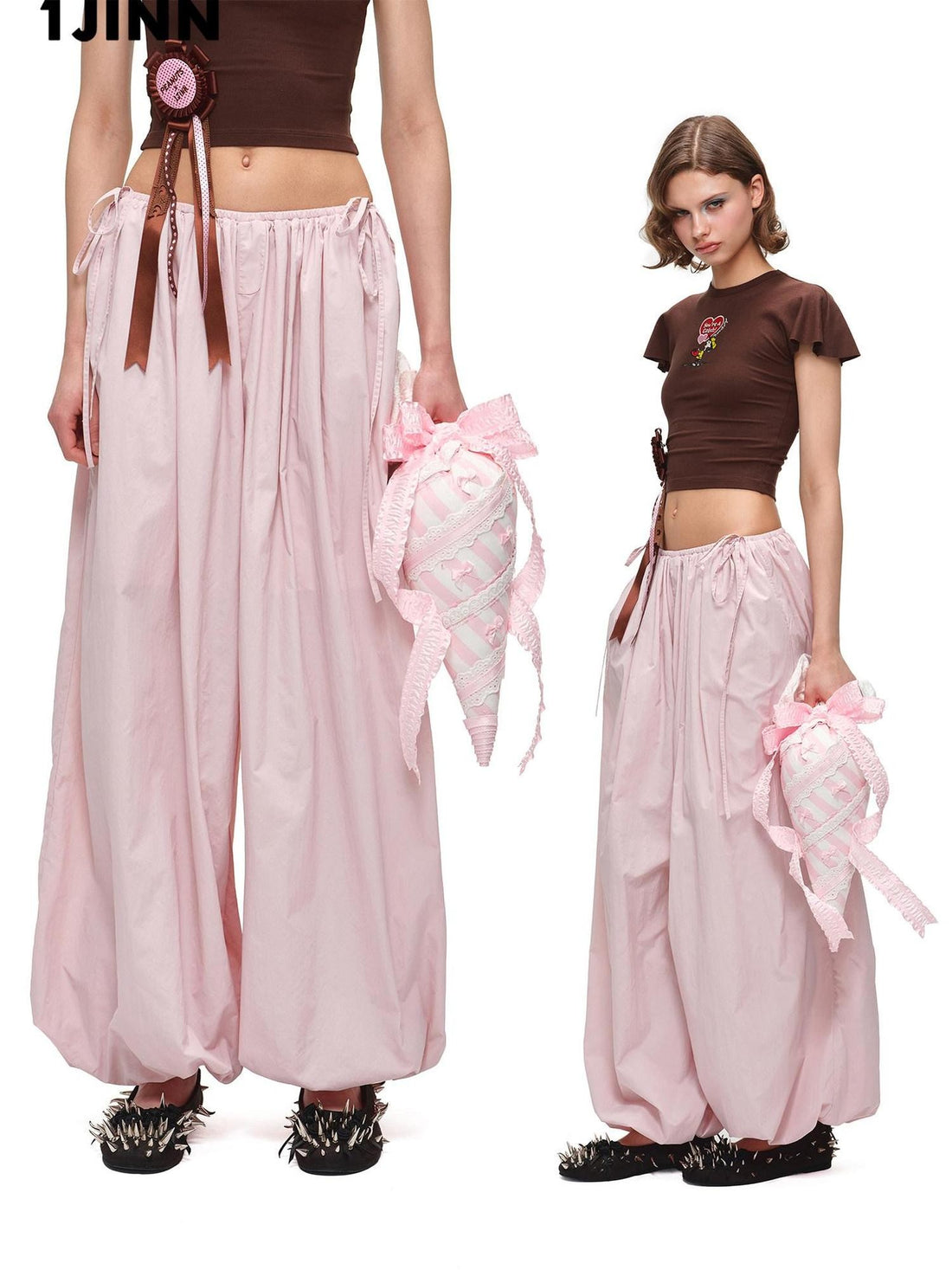 1JINN STUDIO Airy Solid Loose Oversized Lantern Cuffed Balloon Women&
