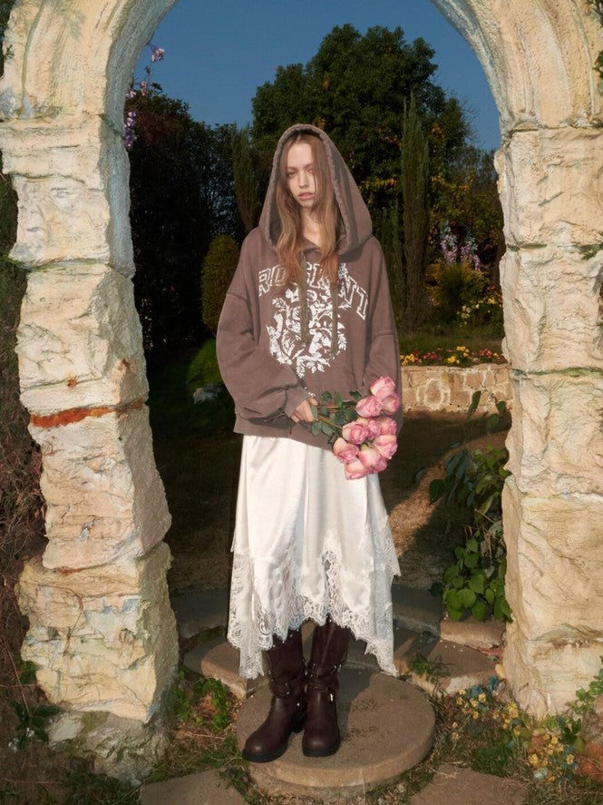 1JINN STUDIO American Ruched Sleeve Rose Print Washed Distressed Oversized Women&