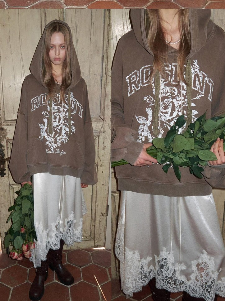 1JINN STUDIO American Ruched Sleeve Rose Print Washed Distressed Oversized Women&