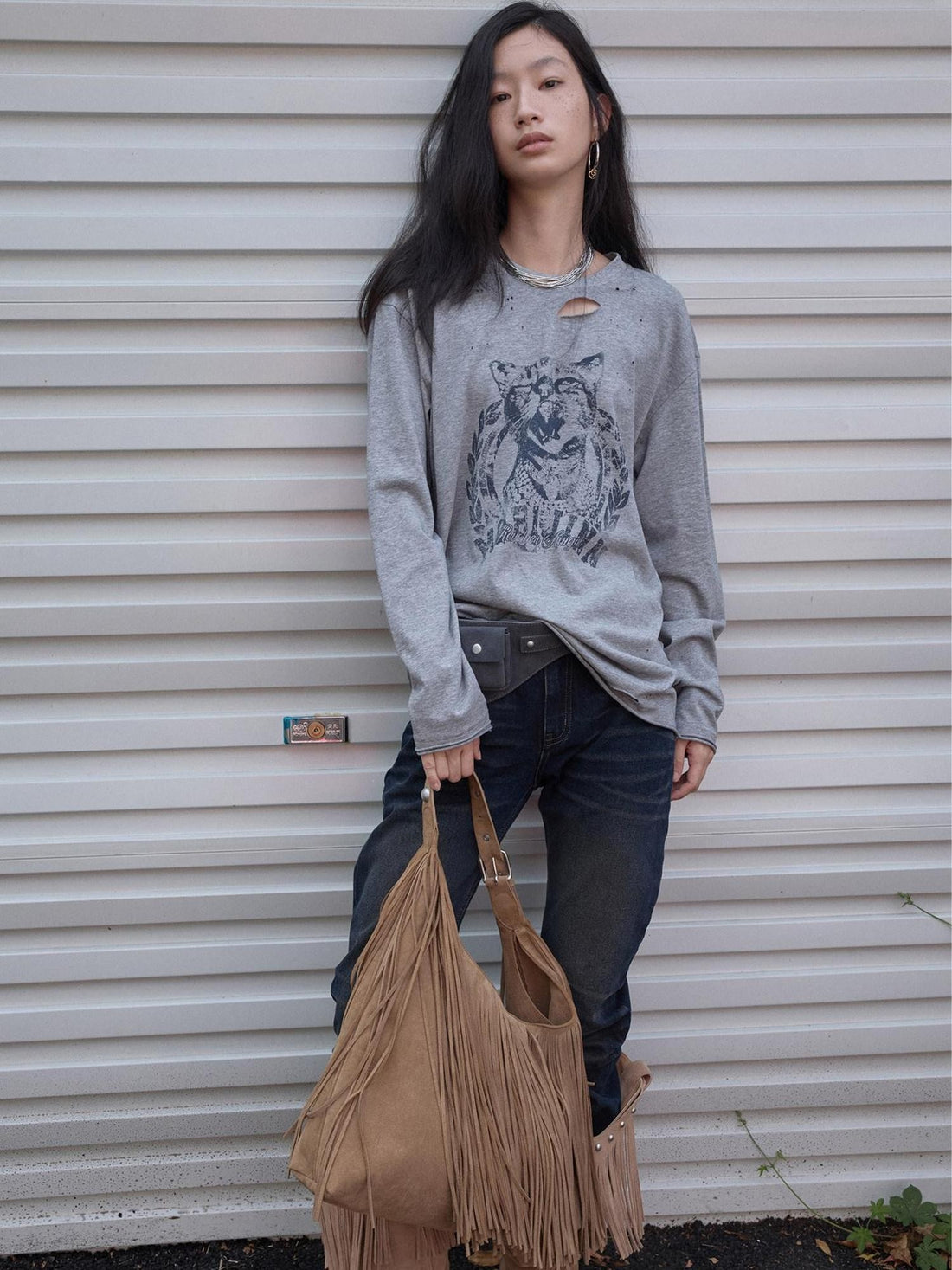 1JINN STUDIO American Vintage Cat Print Washed Distressed Women&