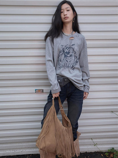 1JINN STUDIO American Vintage Cat Print Washed Distressed Women&