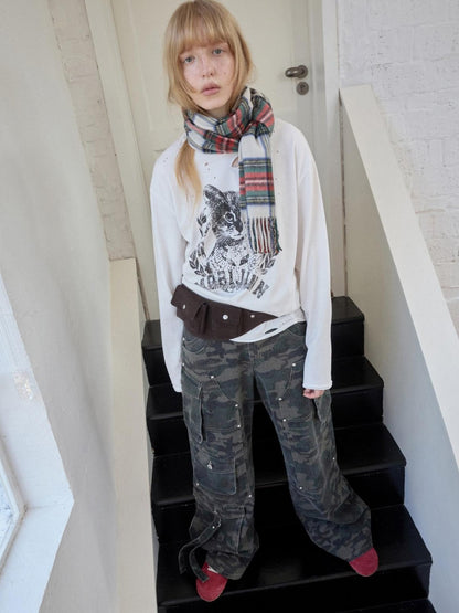 1JINN STUDIO American Vintage Cat Print Washed Distressed Women&