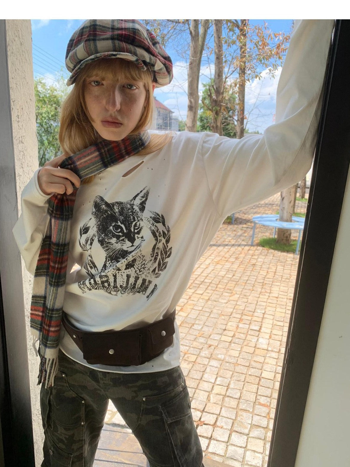 1JINN STUDIO American Vintage Cat Print Washed Distressed Women&