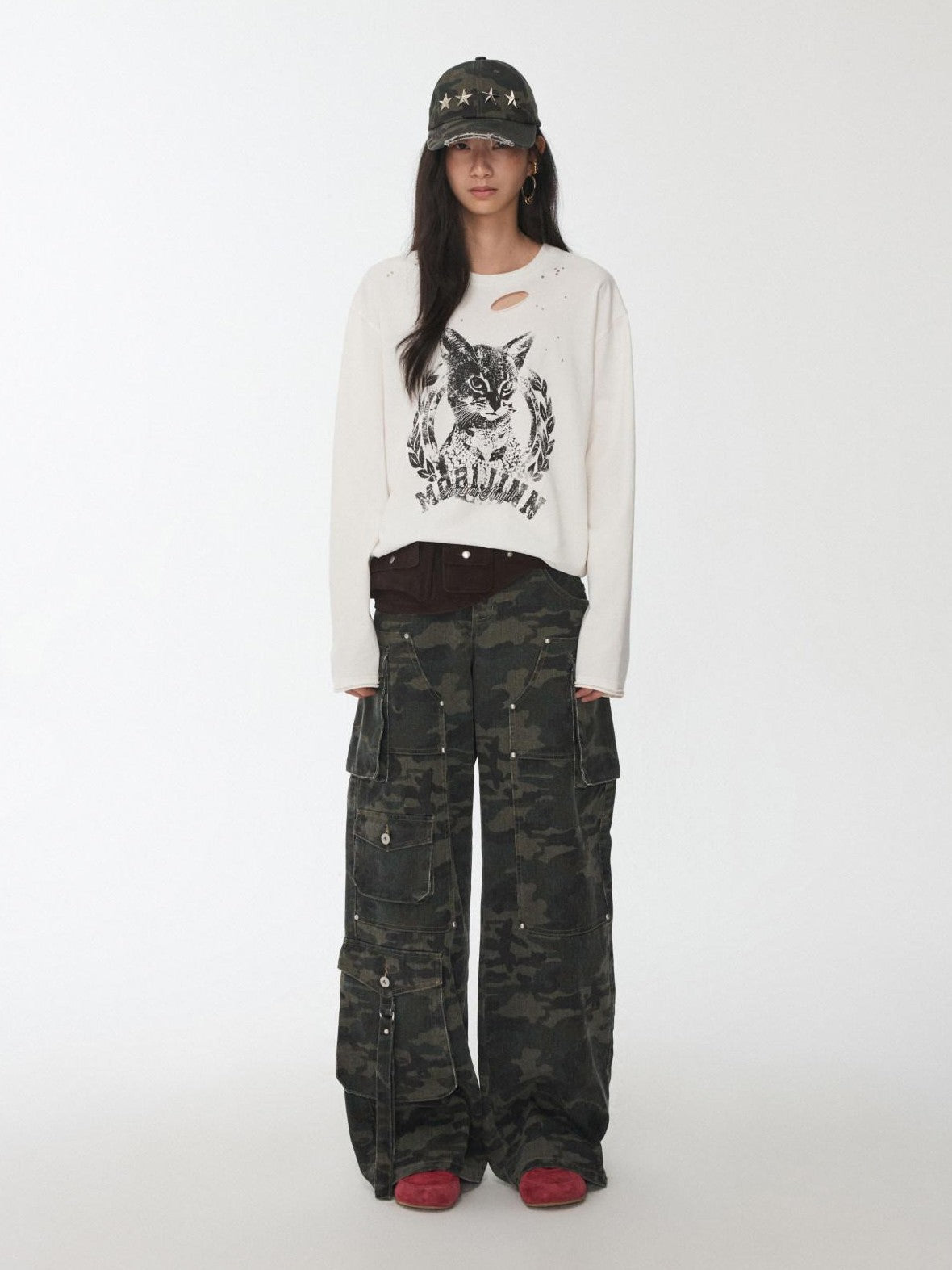 1JINN STUDIO American Vintage Cat Print Washed Distressed Women&